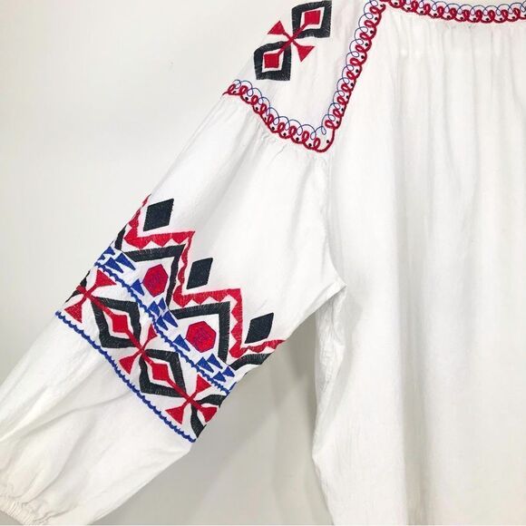 Cato White Cotton Black Red Blue Ethnic Embroidered Button Up Peasant Blouse - Picture 11 of 15